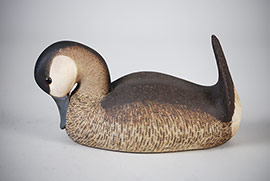 Breast-preening ruddy duck with cork body by Harold Haertel of Dundee, Illinois, signed and dated 1969