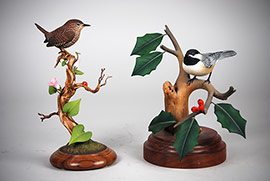 Life-sized Carolina wren and a chickadee by Oliver Lawson of Crisfield, Maryland, ca. 1960s