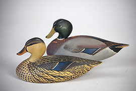 Early miniature balsa-bodied mallards by Oliver Lawson of Crisfield, Maryland, signed and dated 1957.