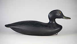 Sculptural black duck by an unknown maker, possibly from New England, with carved crossed wingtips. 