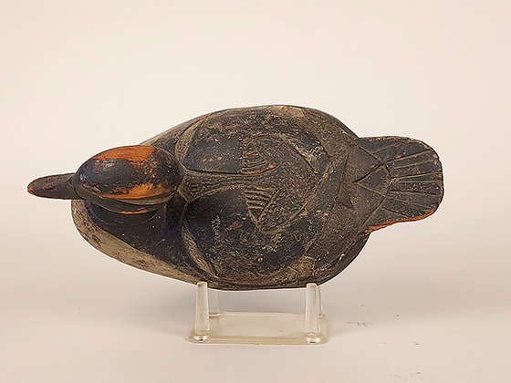 Bufflehead by Frank Buchner of Erie, Pennsylvania with anchor-style relief carving in the back. Has traditional Erie-style swing weight and a tag that reads, "Anthony P. Straub, 629 West 4th St., Erie City, PA."