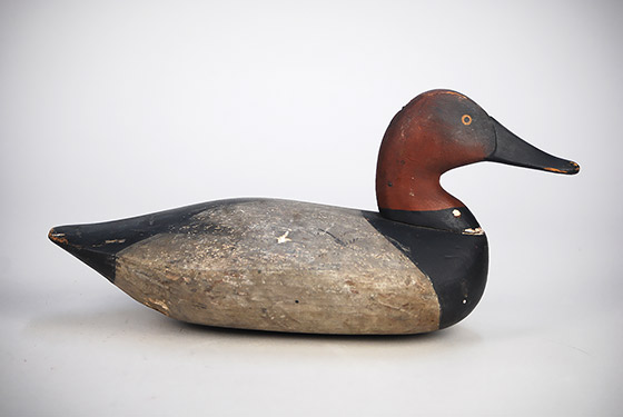 Pair of canvasbacks in bone-dry original paint and excellent paint patterns by Jim Holly of Havre de Grace, Maryland.